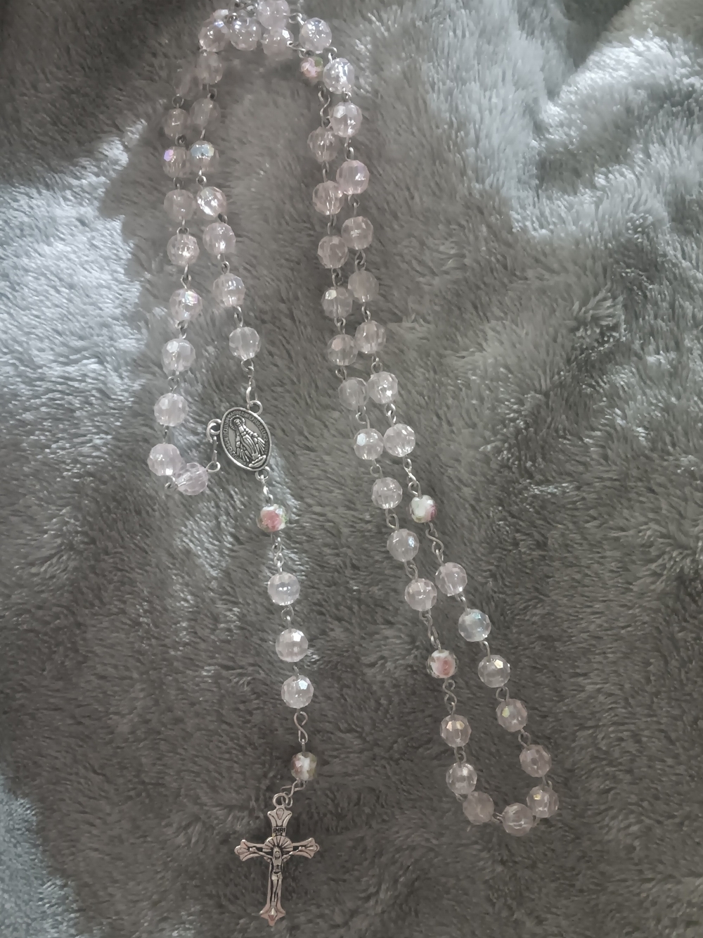 Rosary with Silver Cross - Pink/White
